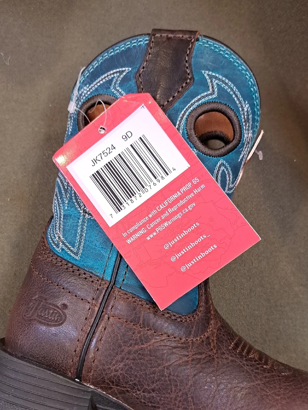 Justin Bowline Junior Walnut Brown Water Buffalo - Size: Kids 9 D - Picture 10 of 10
